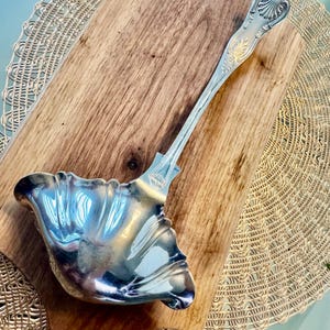 May include: A silver serving spoon with a decorative handle and a large, scalloped bowl. The spoon is resting on a wooden surface.