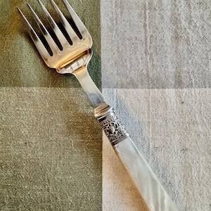 May include: Silver serving fork with six tines and a decorative handle. The handle is white with a pearlescent sheen, and the metal collar features an ornate design. The fork is set against a green and white checkered background.