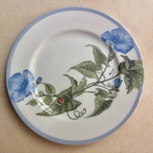 May include: A round white ceramic plate featuring a light blue rim and a botanical illustration of blue morning glory flowers, green leaves, and a small red ladybug resting on a leaf. The design is centered on the surface of the plate.