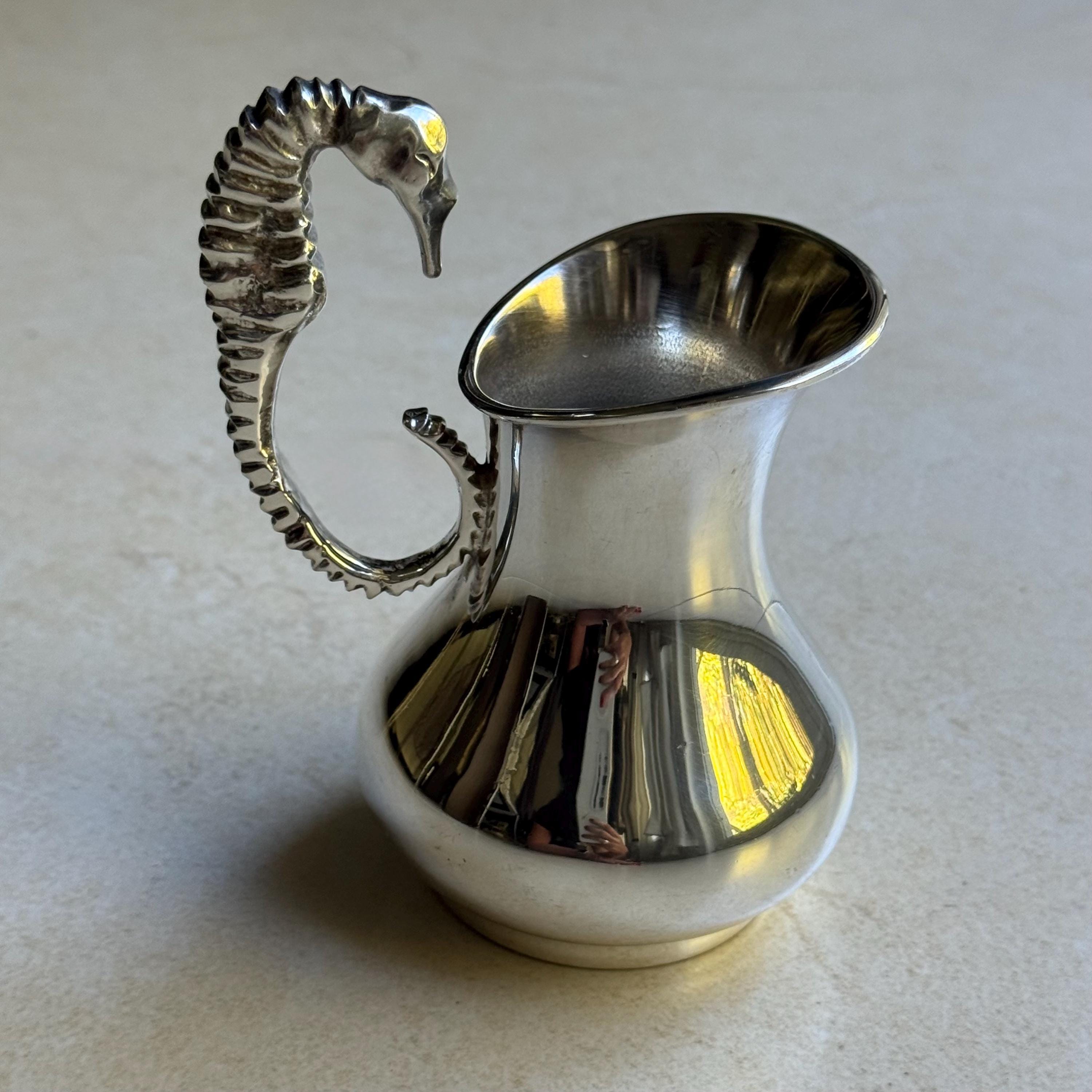 Vintage Los Castillo Silver-Plated Pitcher – Seahorse Handle, Mid-Century Mexican