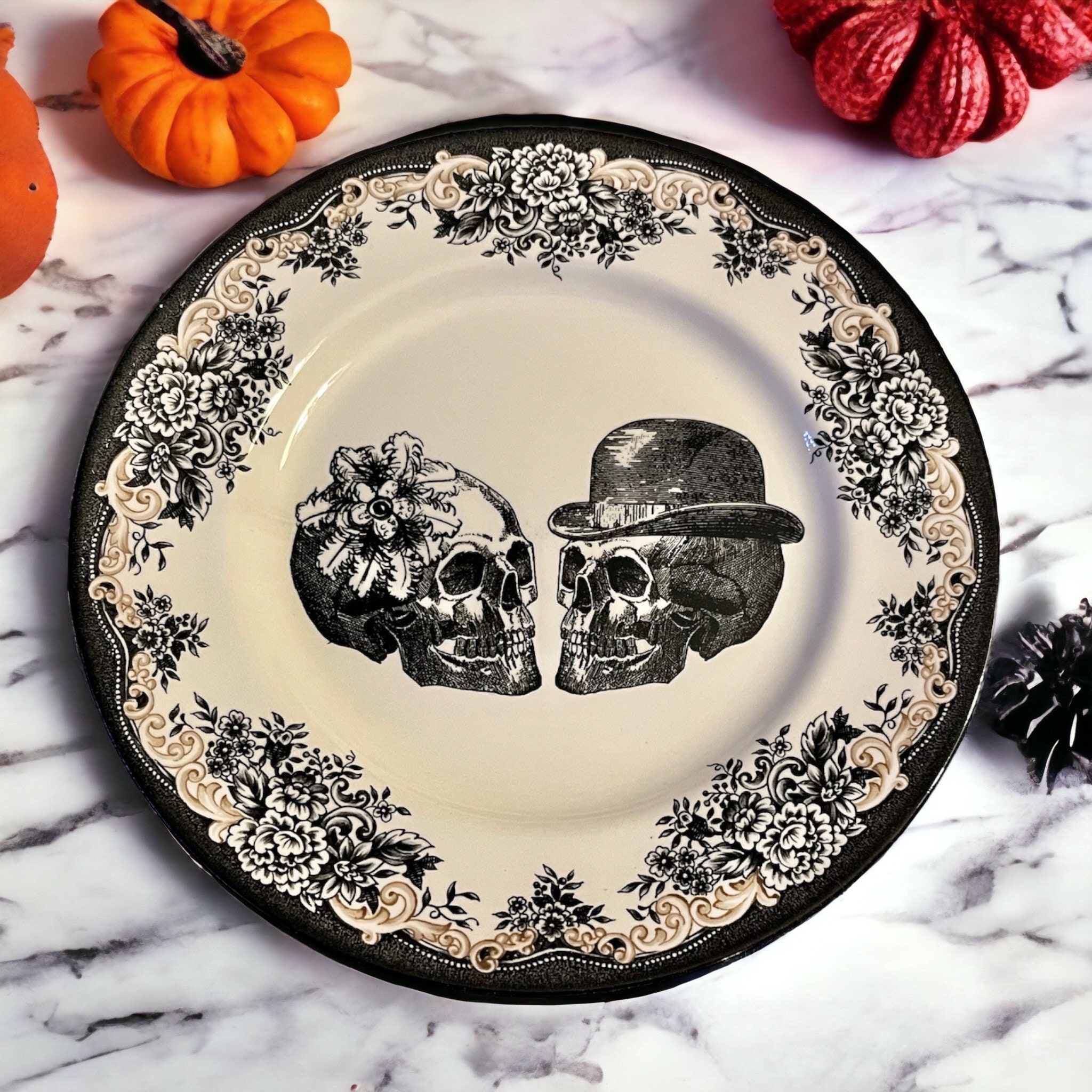 Vintage Style Transferware — Wedding Skeletons Halloween — Dinner Plate 11” — Royal Stafford England