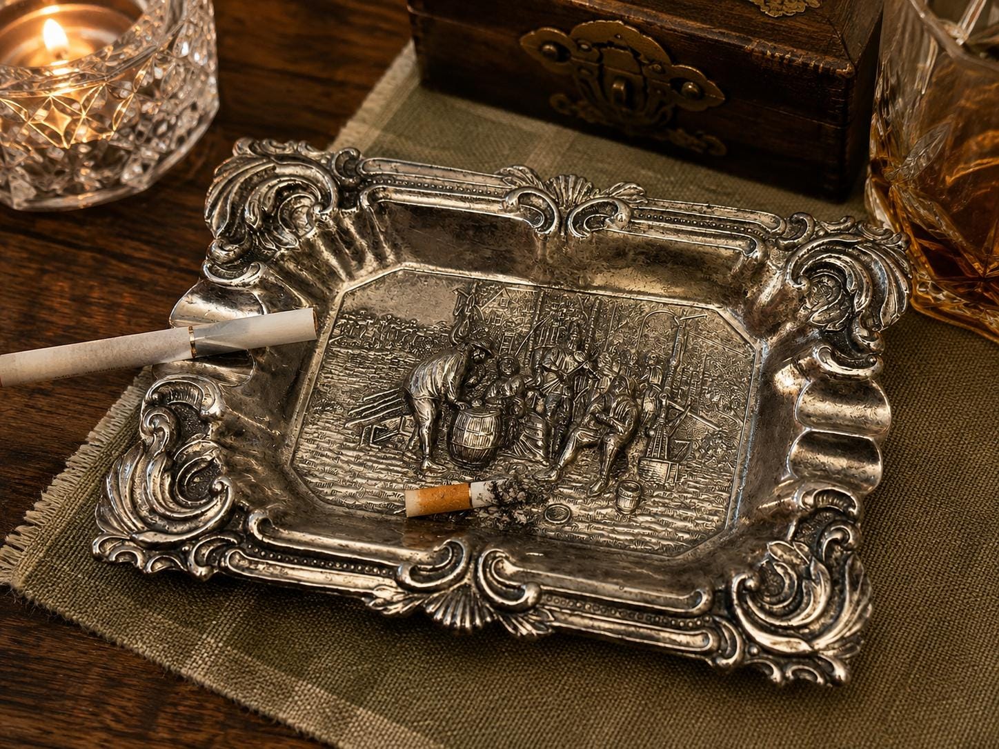 Vintage Japanese Silverplate Trinket Tray | Dutch Village Scene Relief | Rococo Catchall | Mid-Century Japan Decor