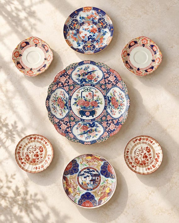 Vintage Imari Style Wall Plate Gallery – 7 Piece Mixed Porcelain Collection