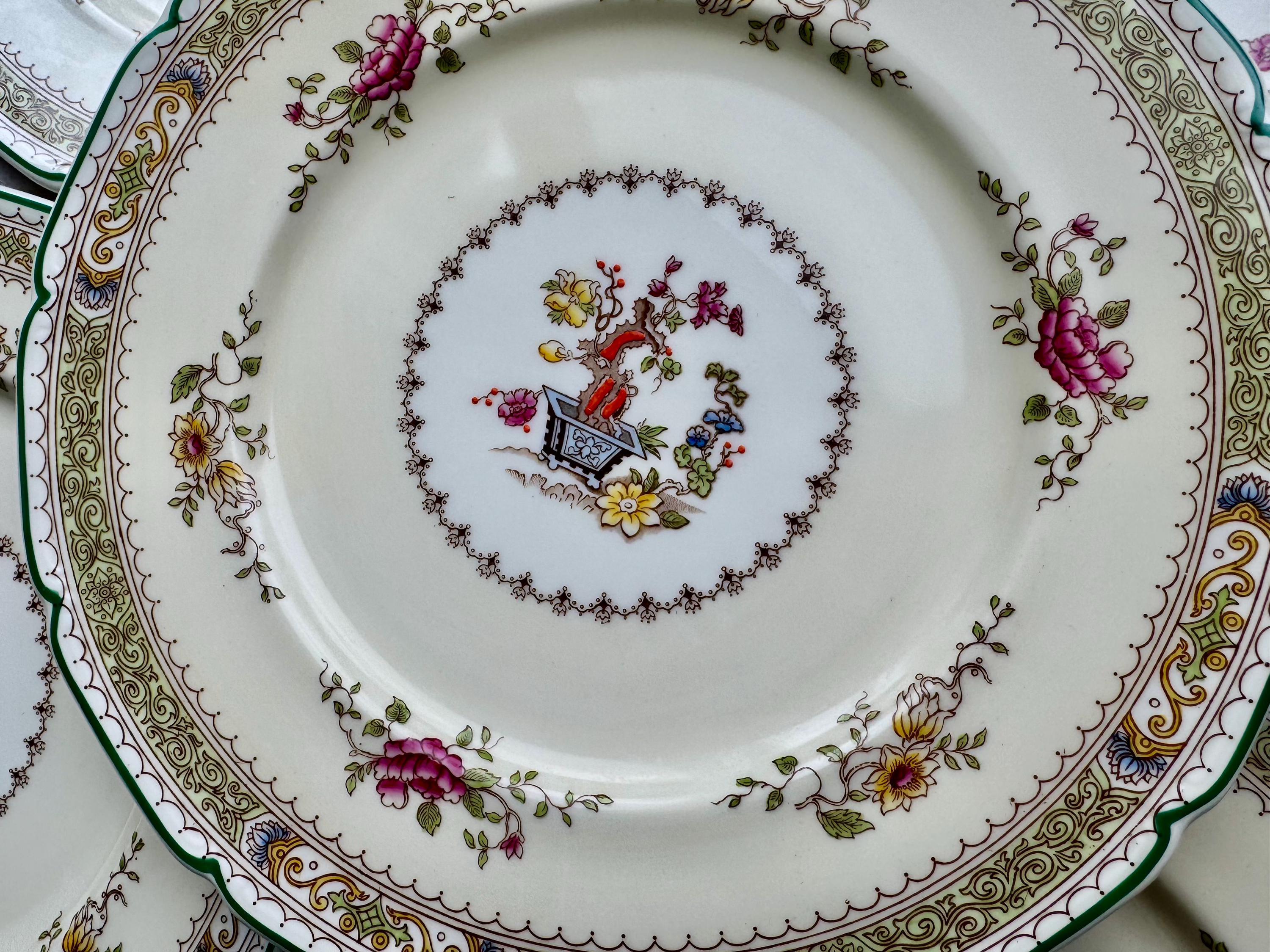 Vintage Royal Doulton “Lillian” Scalloped Dinner Plates 10.5” – Green Rim – 5 Plates Available