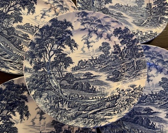 Vintage Ridgway - Meadowsweet - 4 Dinner Plates - 10” Blue - Tree Village Landscape Scenery - England Transferware