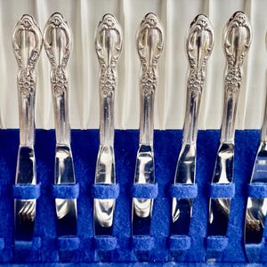 K&ouml;nnte beinhalten: Ein Set aus acht silbernen Buttermessern mit verzierten Griffen, pr&auml;sentiert in einem blauen Samtkasten.