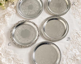 Vintage Silver-Plated Round Tray Collection – Ornate Etched Designs & Classic Makers – Sold Individually