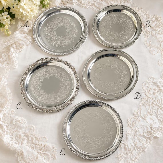 Vintage Silver-Plated Round Tray Collection – Ornate Etched Designs & Classic Makers – Sold Individually