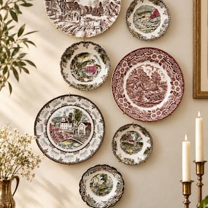 Pode incluir: Uma cole&ccedil;&atilde;o de sete pratos decorativos de cer&acirc;mica montados numa parede, apresentando v&aacute;rias paisagens em tons castanhos, vermelhos e multicoloridos. Os pratos variam em tamanho e incluem ilustra&ccedil;&otilde;es detalhadas de edif&iacute;cios, &aacute;rvores e cenas rurais, sendo que um dos pratos exibe uma borda de calend&aacute;rio.