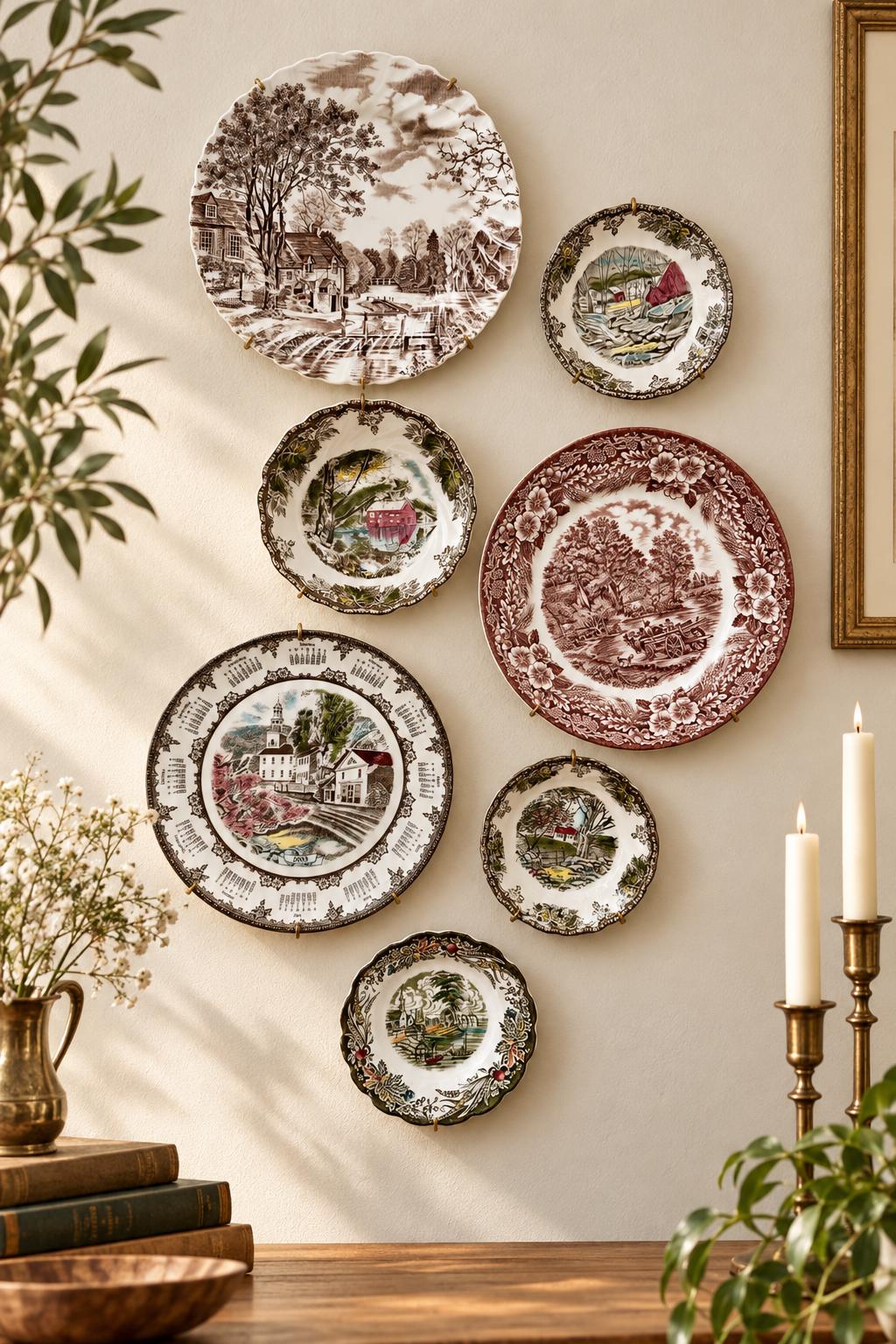Vintage Scenic Transferware Wall Plates Set of 7, English Country Cottage Gallery Wall Decor