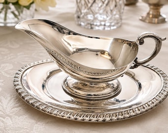 Saucière vintage Viking Plate en métal argenté avec sous-plat | Fabriquée au Canada | Pièce de service style milieu du siècle