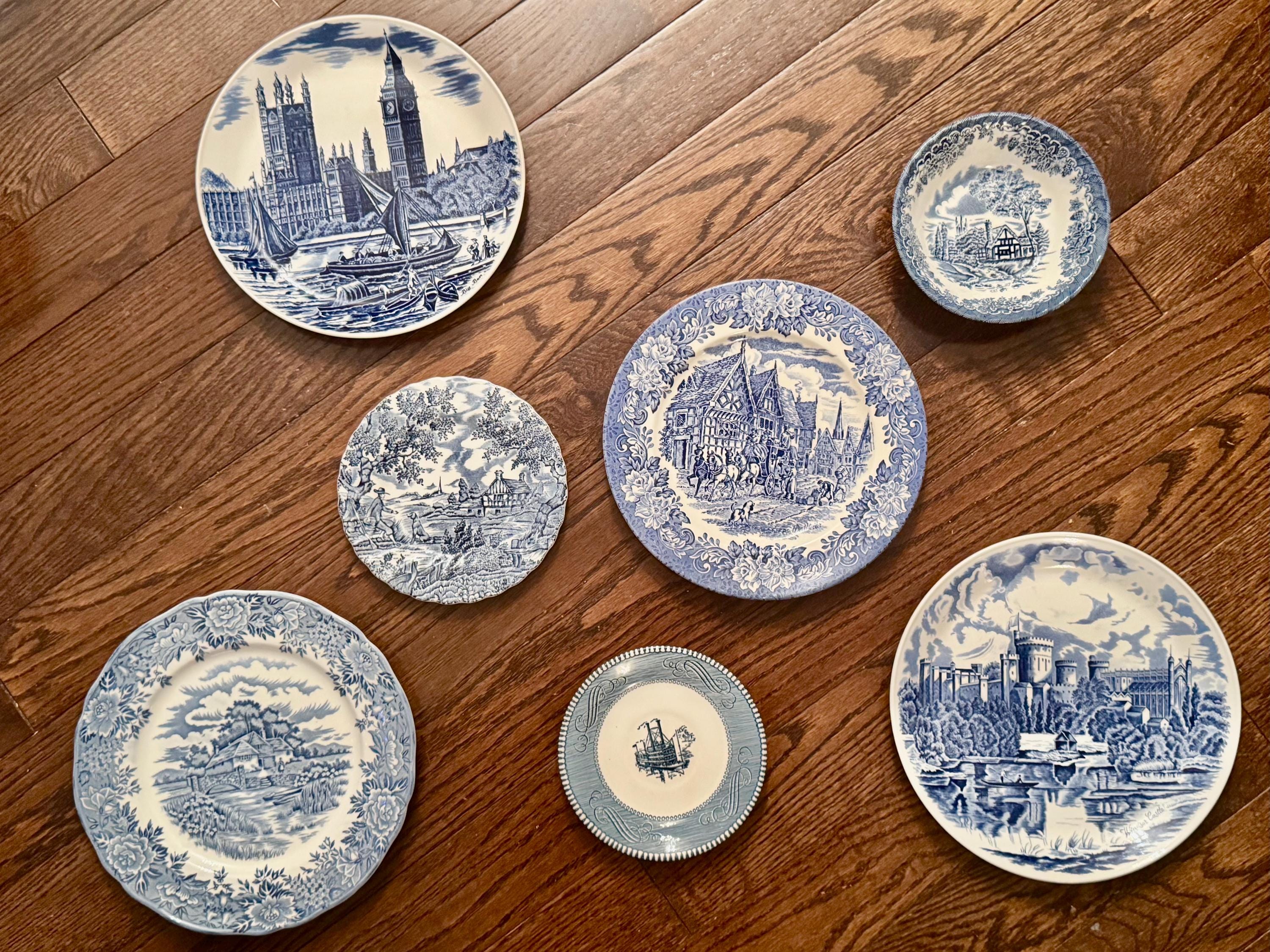 Vintage Blue & White Transferware Plates – English Countryside Scenes, Set of 7