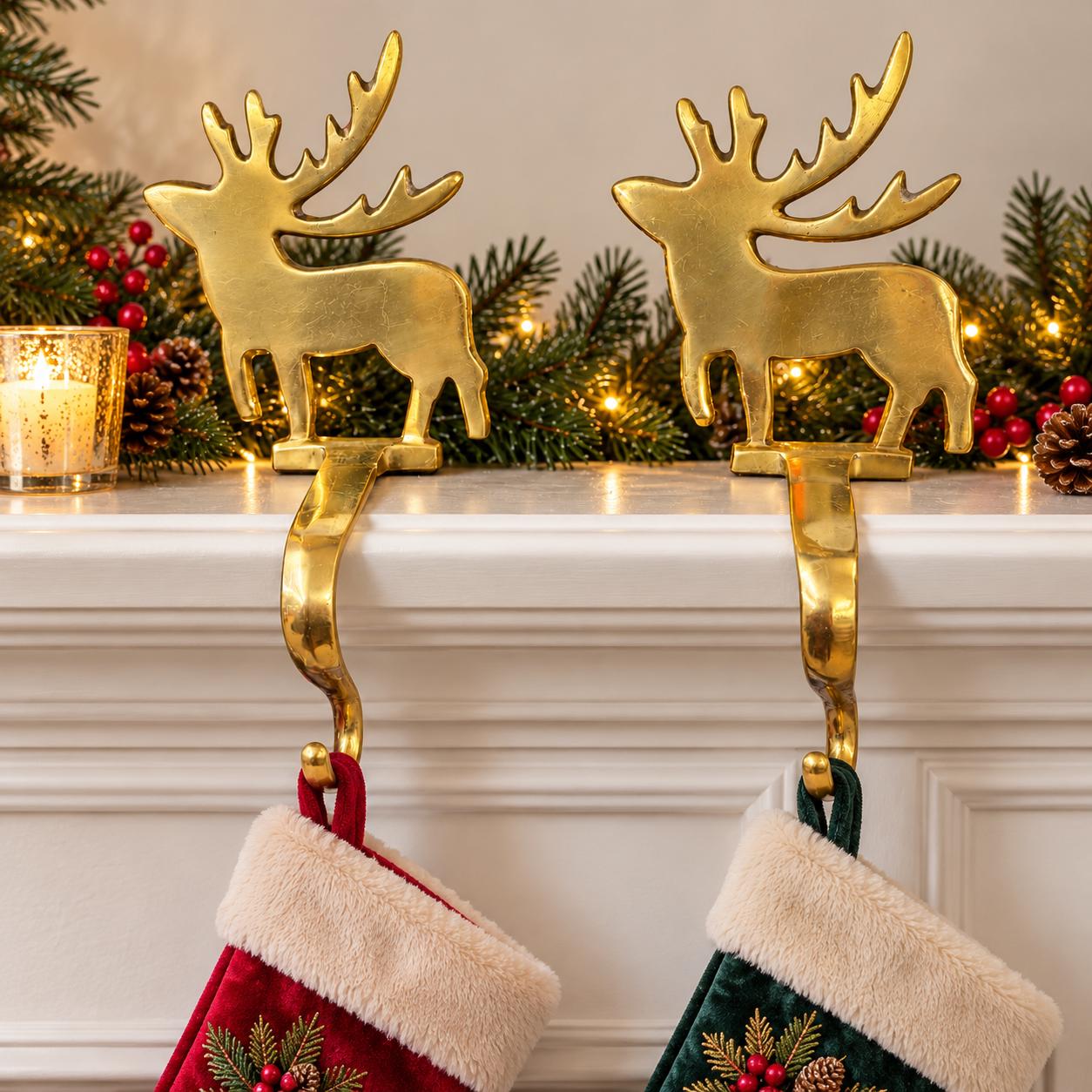 Pair of Vintage Brass Reindeer Stocking Holders | Gold Deer Christmas Mantel Hooks | Holiday Fireplace Decor