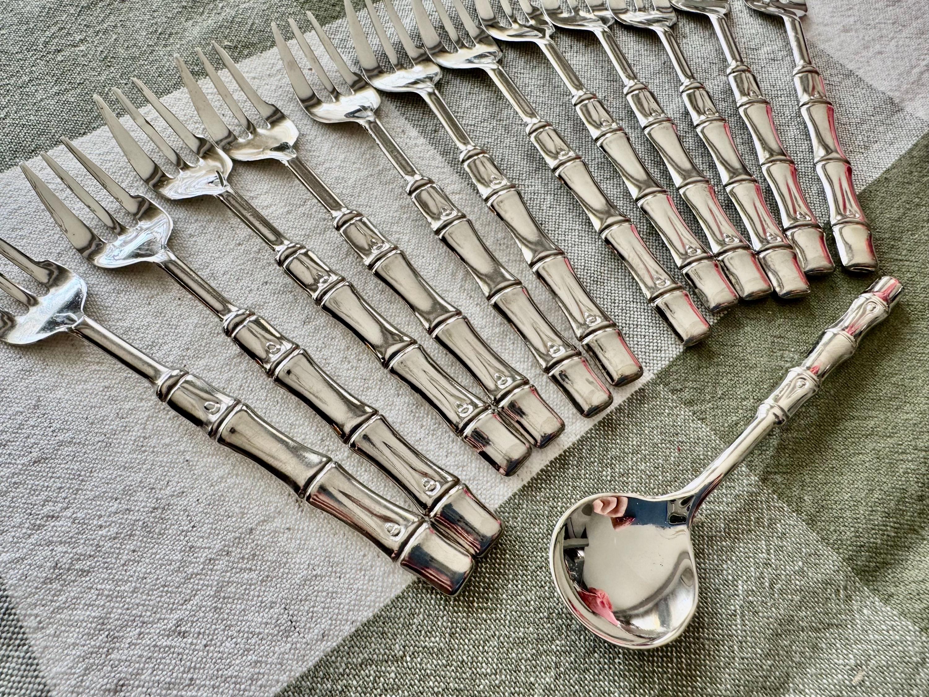 Vintage Italian Silver Plated Bamboo Flatware Set – 12 Hors d’Oeuvres Forks & Sugar Spoon