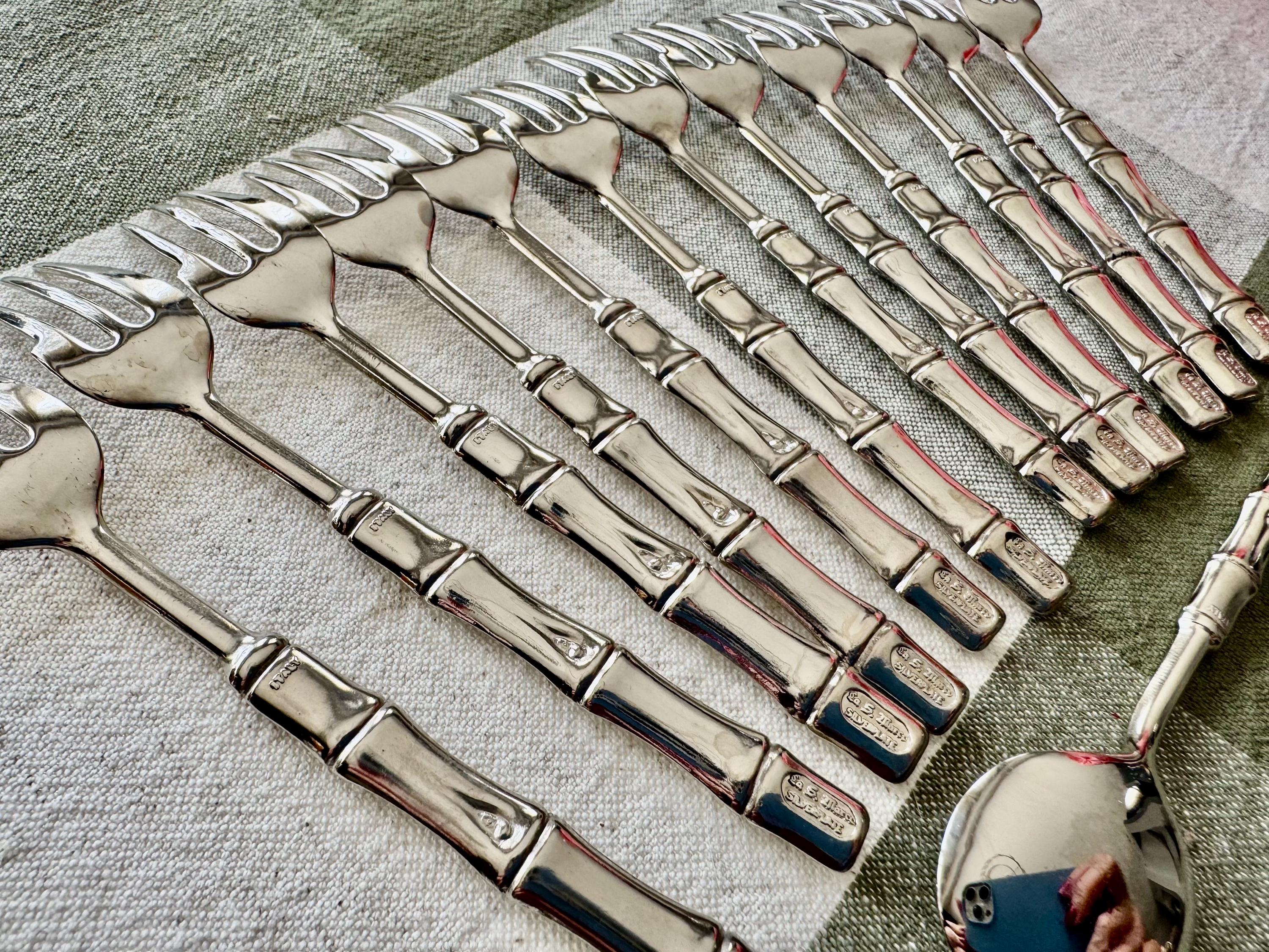 Vintage Italian Silver Plated Bamboo Flatware Set – 12 Hors d’Oeuvres Forks & Sugar Spoon