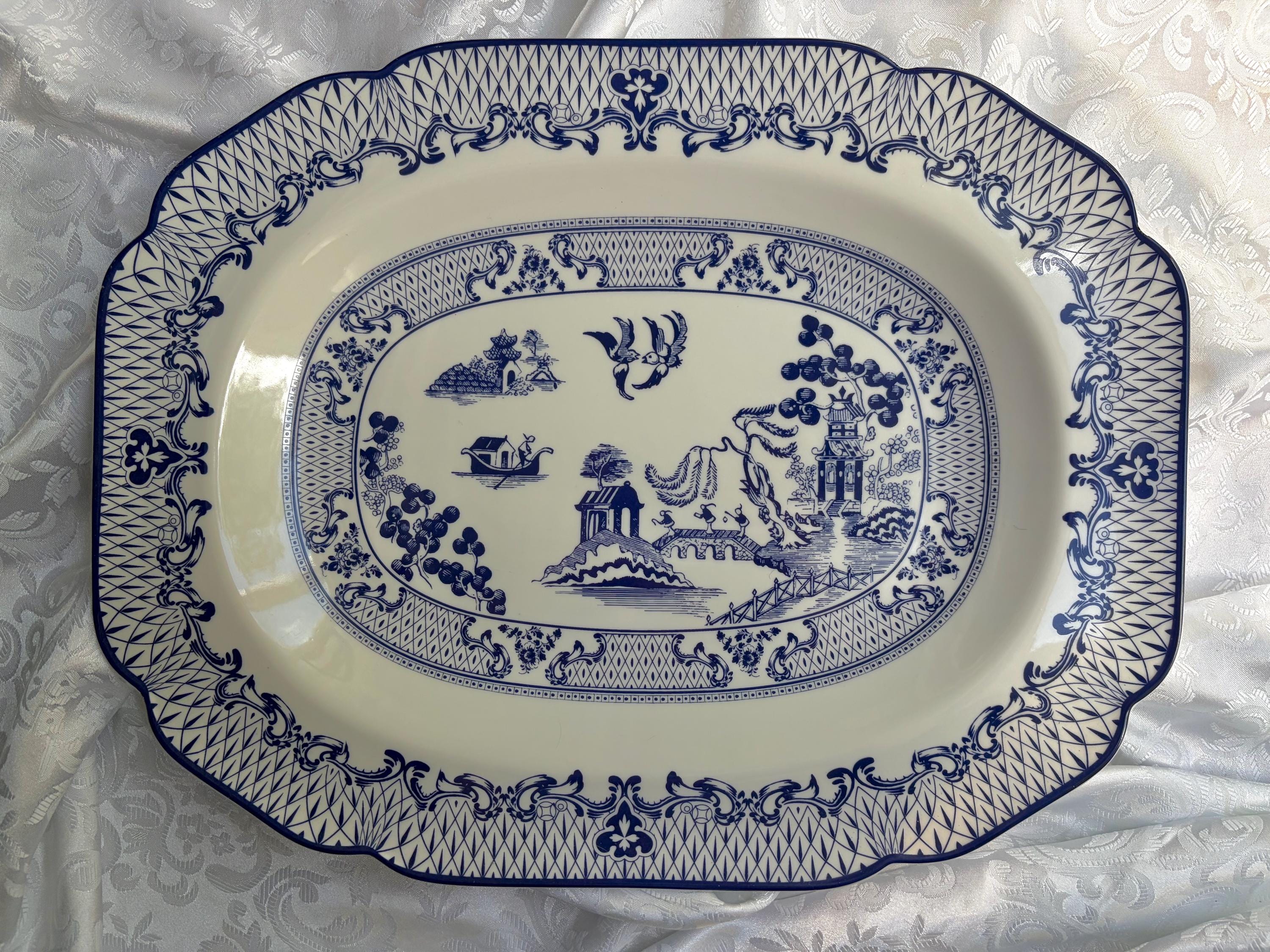 Extra Large Blue & White Chinoiserie Serving Platters | Burleigh Ware Willow or English Willow Eaton Fine Dining | Sold Individually