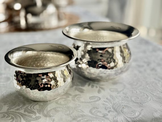 Italian Hammered Silverplate Bowls or Planters — Polished Reflective Vintage Pair