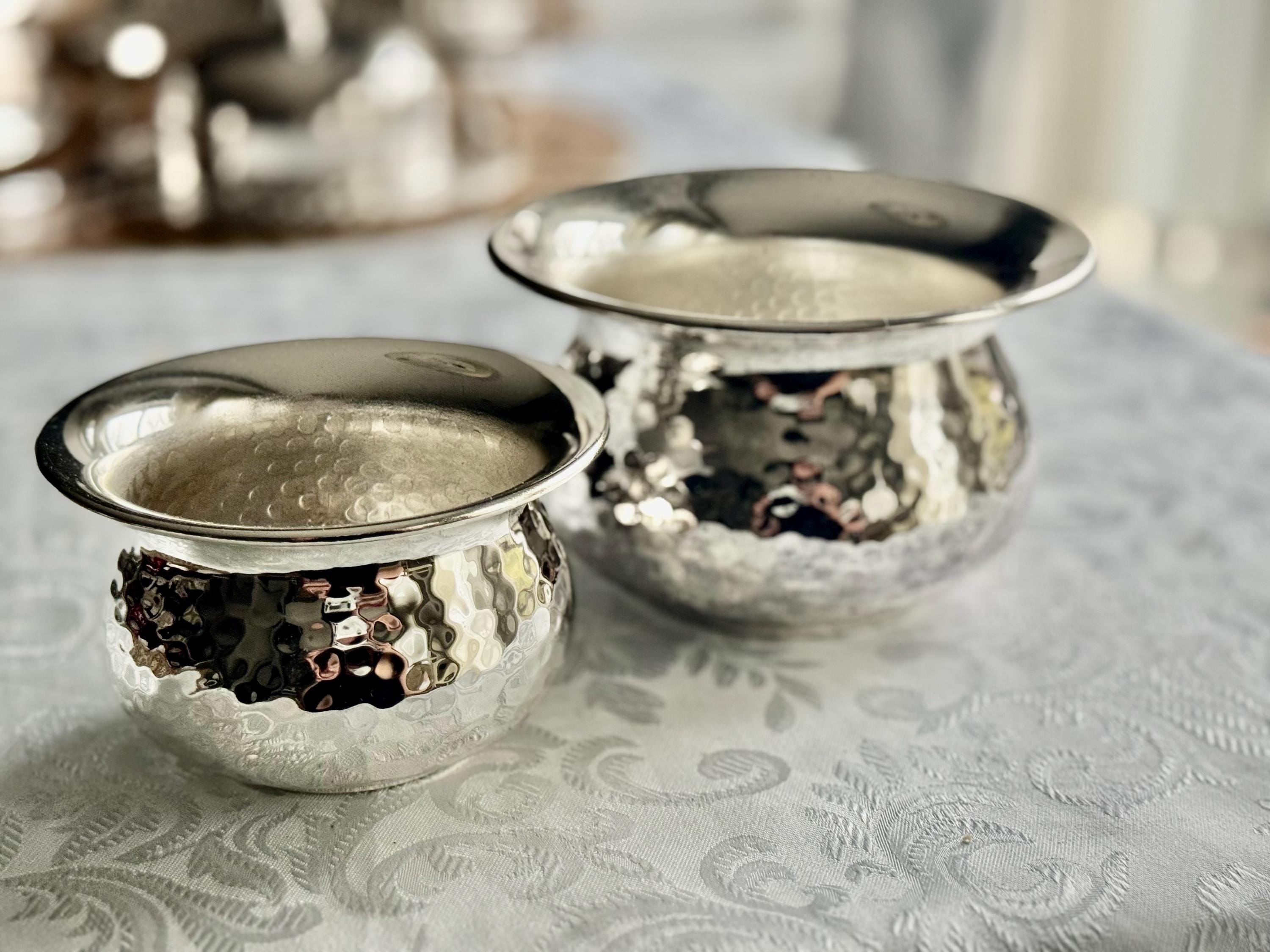 Italian Hammered Silverplate Bowls or Planters — Polished Reflective Vintage Pair