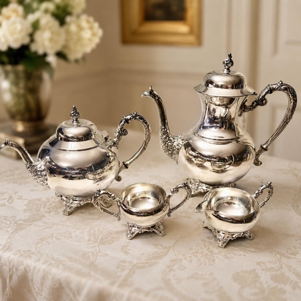 Vintage Wm. A. Rogers Canada Silverplate Tea & Coffee Service – 4 Piece Ornate Footed Set