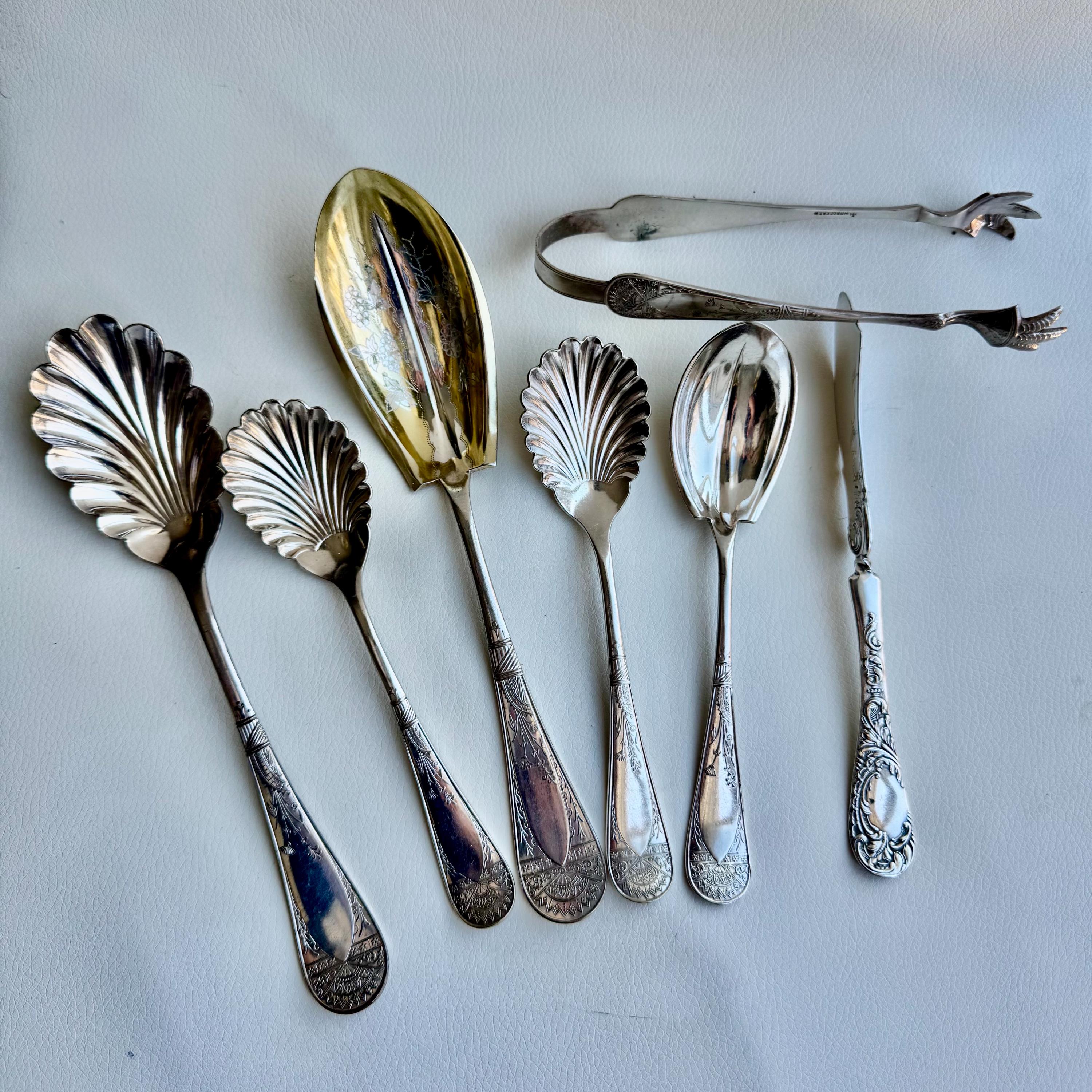 Antique Art Nouveau Silver Plated Serving Set: Shell & Floral Design, 7-Piece