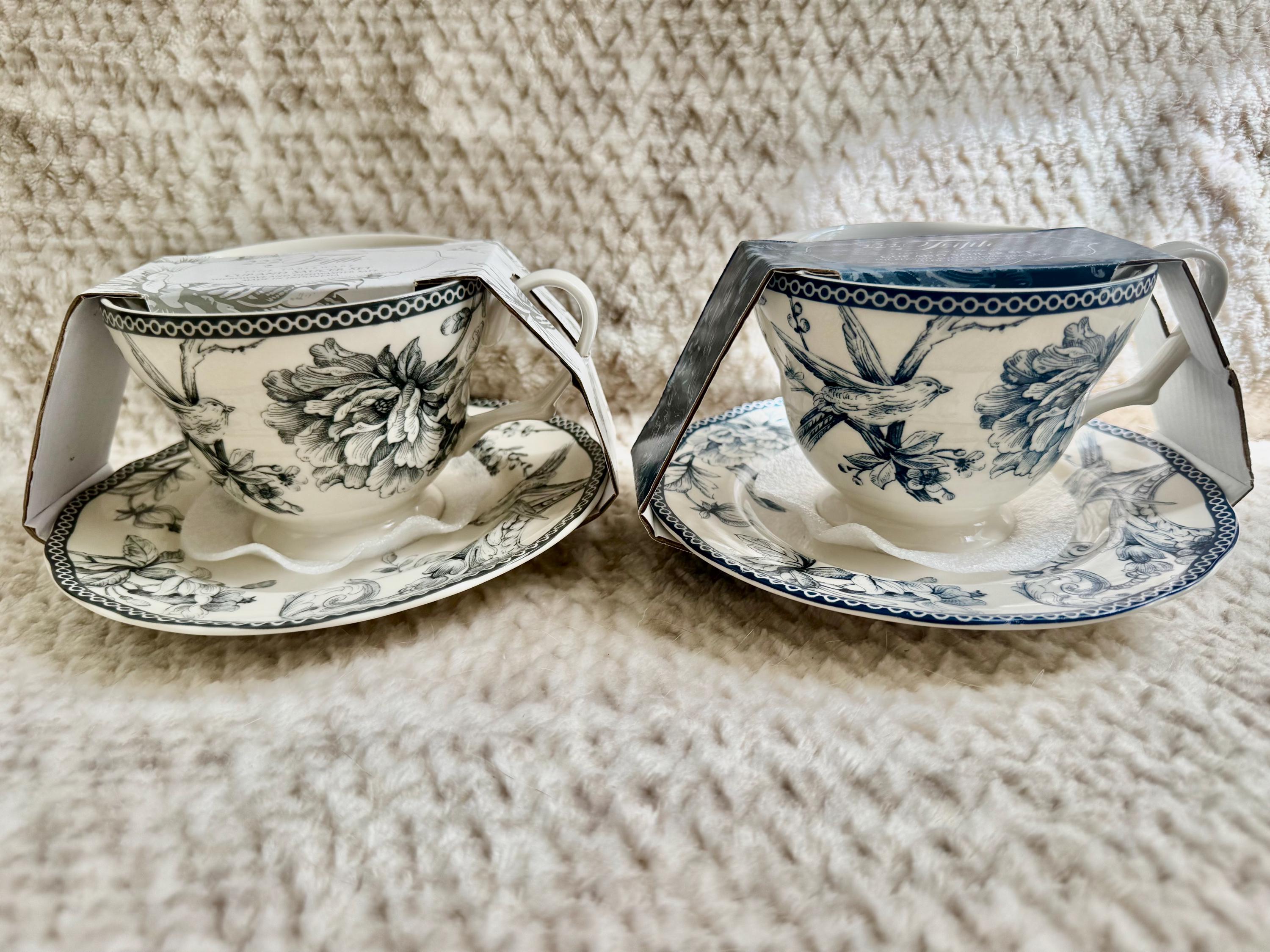 222 Fifth “Adelaide” Blue White Floral Bird Ironstone – Teapot or Cup & Saucer Set