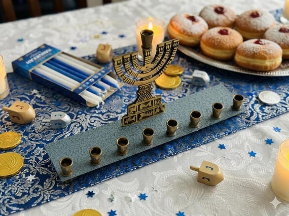 Vintage Oppenheim Israel Brass Menorah – Mid-Century Hanukkah Candle Holder – Blue Enamel Base – Judaica Collectible