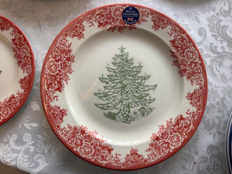 New Vintage Style Transferware - Red Christmas Plates - Christmas Eve Santa - Royal Stafford England image 7