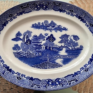 Large Antique – T.G. Green Co “Ming” or “Blue Willow” – Blue & White Transferware Platter – Gresley Ware, England 1920s