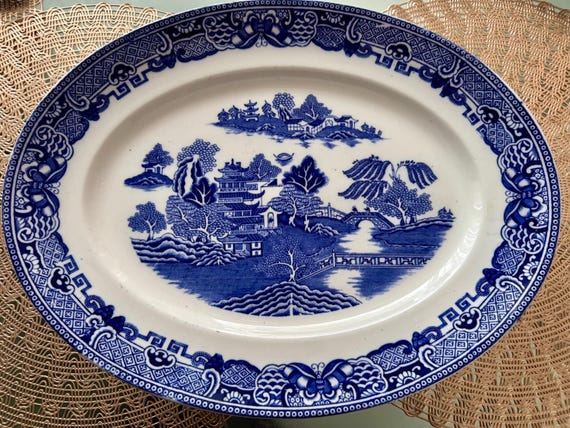 Antique T.G. Green Ming Blue Willow Transferware Platter, Gresley Ware