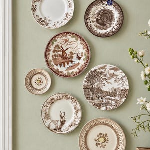 May include: A collection of six round ceramic plates arranged on a wall. The plates feature brown and white transferware patterns, including a turkey, a windmill landscape, a rabbit, a pear, an apple, and a village scene with trees and a bridge.