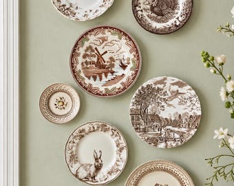 Vintage Brown Transferware Plate Set Cottagecore Wall Decor — 7 Plates