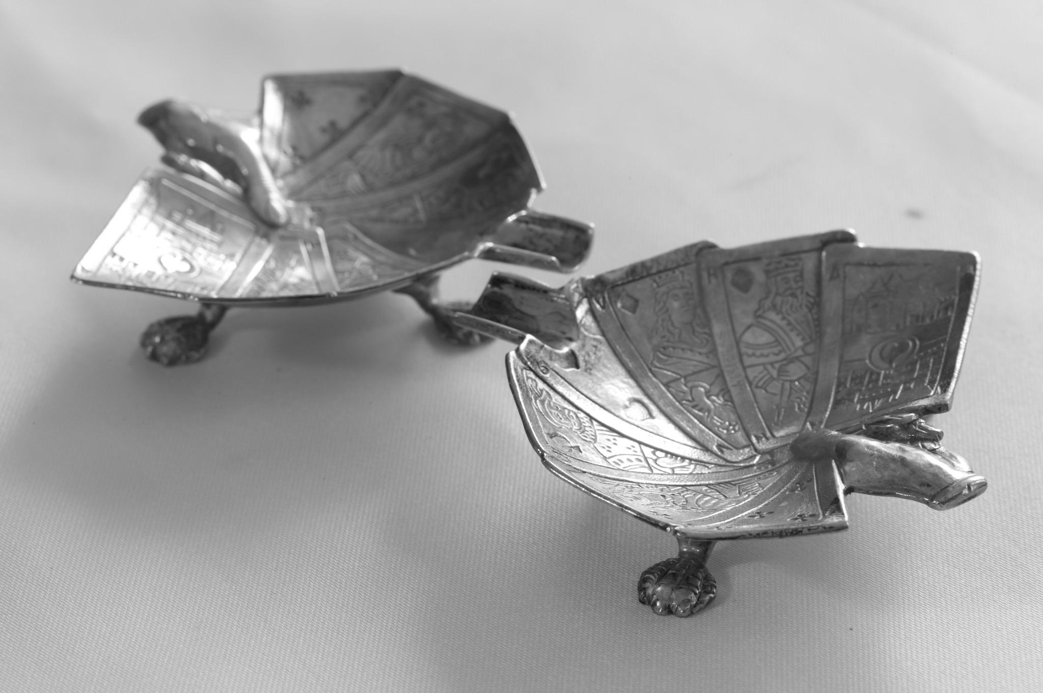 Rare Mid-Century European Sculptural Silver-Plated Playing Card Ashtrays — Pair — c.1950s