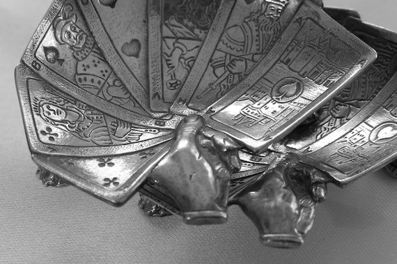 Rare Mid-Century European Sculptural Silver-Plated Playing Card Ashtrays — Pair — c.1950s