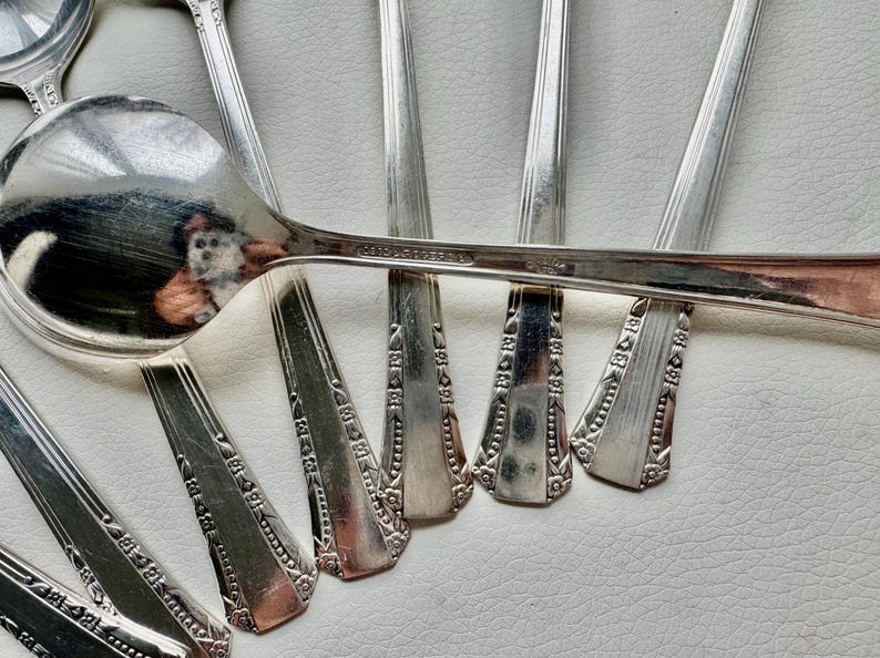 May include: A set of eight silver spoons with ornate designs. The spoons are arranged in a fan shape, with the handles overlapping.