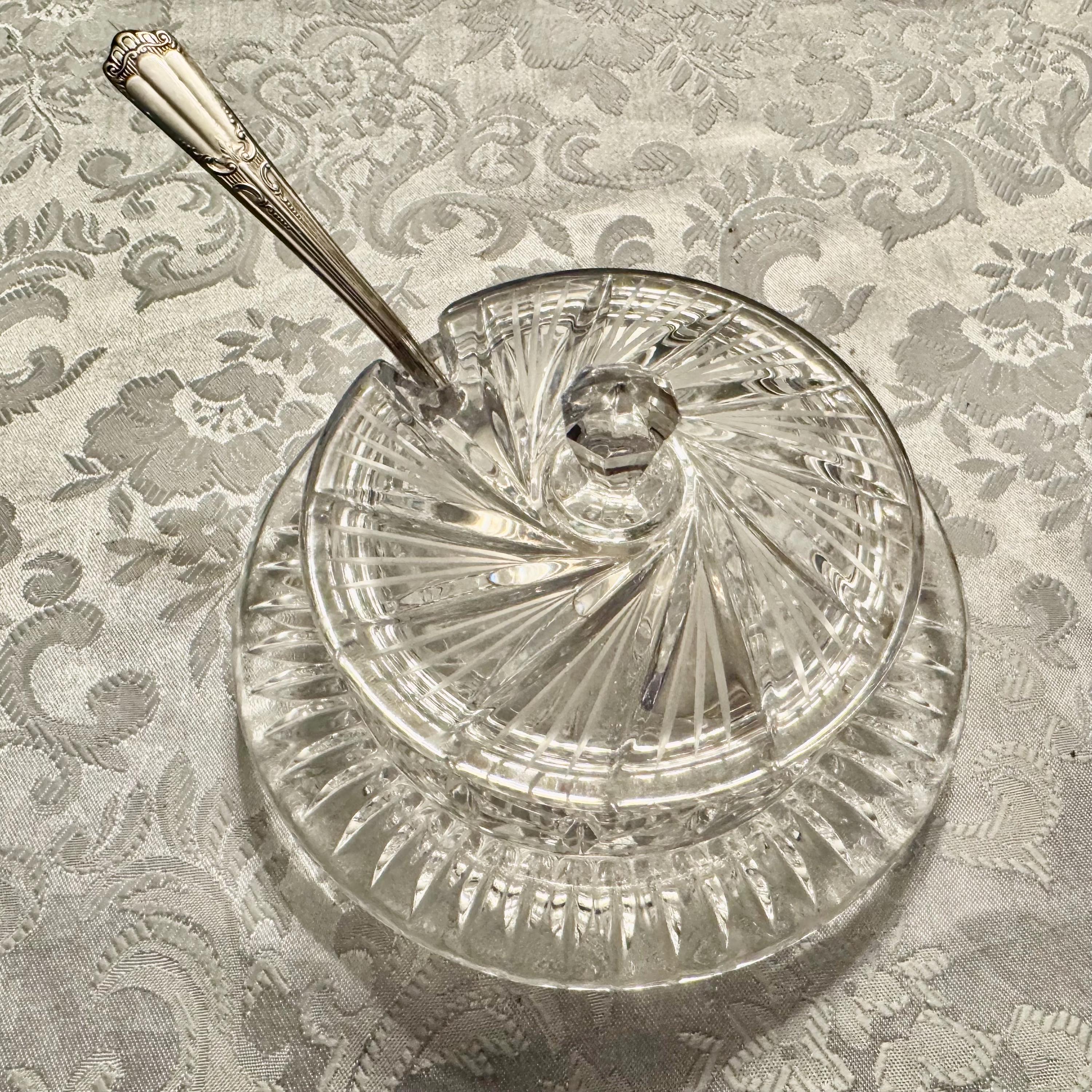 Heavy Crystal Butter Dish + Wallace Silver Lenox (1933) Master Butter Knife