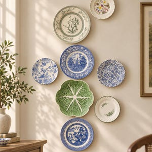 May include: A collection of eight decorative wall plates featuring various designs, including blue and white transferware, a green cabbage-shaped plate, and floral patterns, arranged in a cluster on a neutral-colored wall.