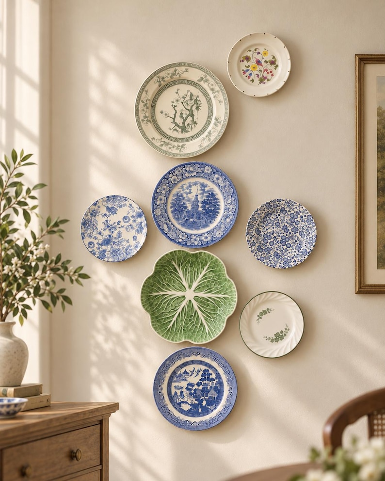 May include: A collection of eight decorative wall plates featuring various designs, including blue and white transferware, a green cabbage-shaped plate, and floral patterns, arranged in a cluster on a neutral-colored wall.