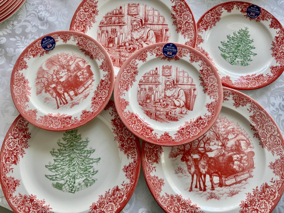 New Vintage Style Transferware - Red Christmas Plates - Christmas
