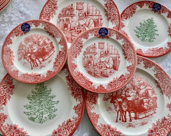 New Vintage Style Transferware - Red Christmas Plates - Christmas Eve Santa - Royal Stafford England
