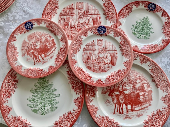 新品ロイヤルスタッホード  Stafford クリスマス プレート4枚 New Vintage Style Transferware - Red Christmas Plates - Christmas