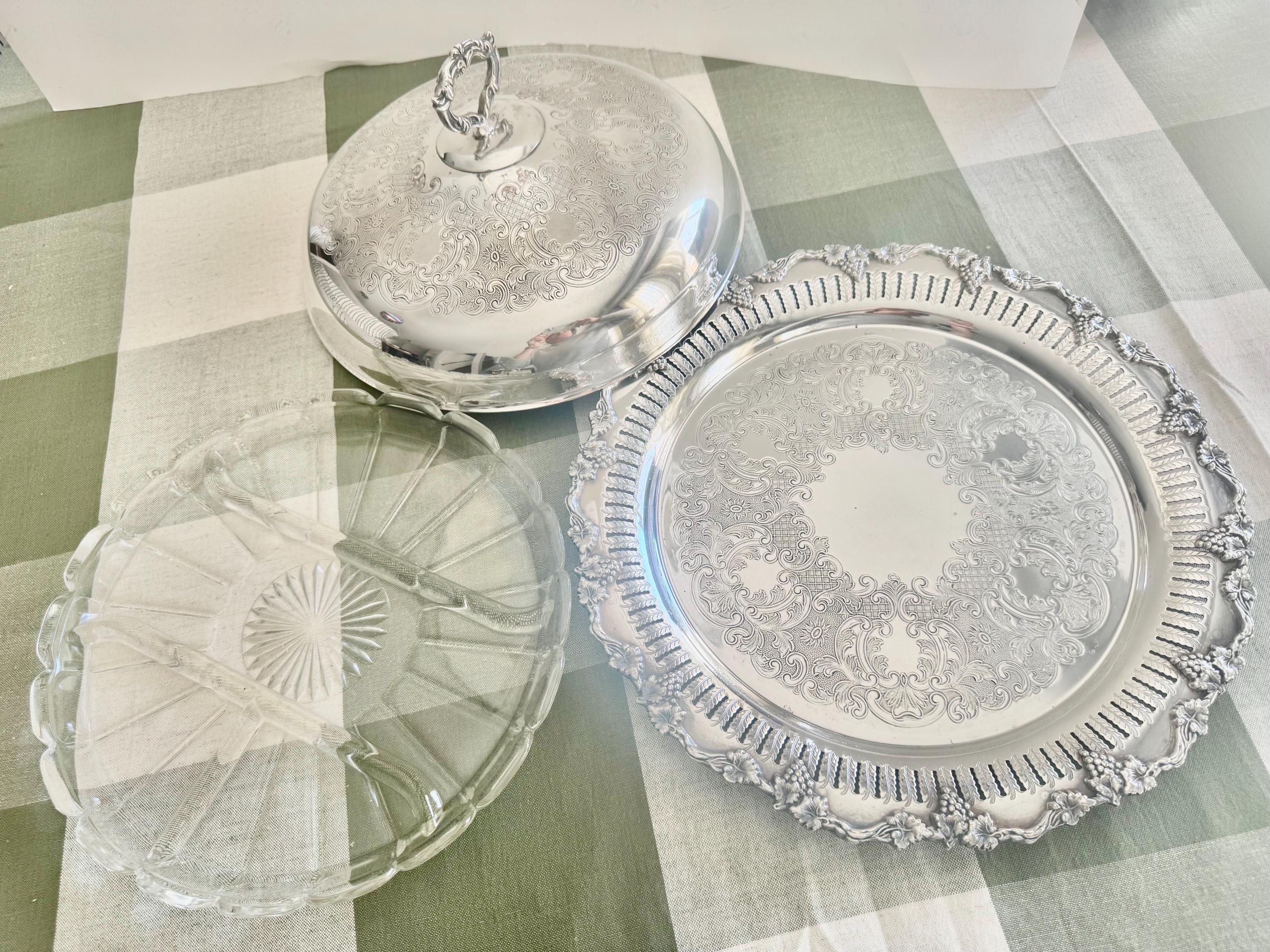 Fancy & Ornate Large Vintage Silver Plate Covered Dish with Glass Insert, Sheffield Reproduction
