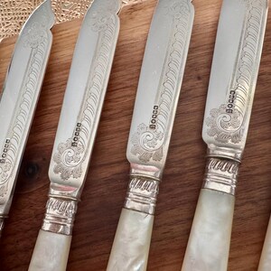 Pu&ograve; includere: Set di sei coltelli d'argento con manici in madreperla. Le lame sono incise con un motivo floreale e i manici hanno una fascia d'argento con l'iscrizione "BOGGE" su ciascuno.