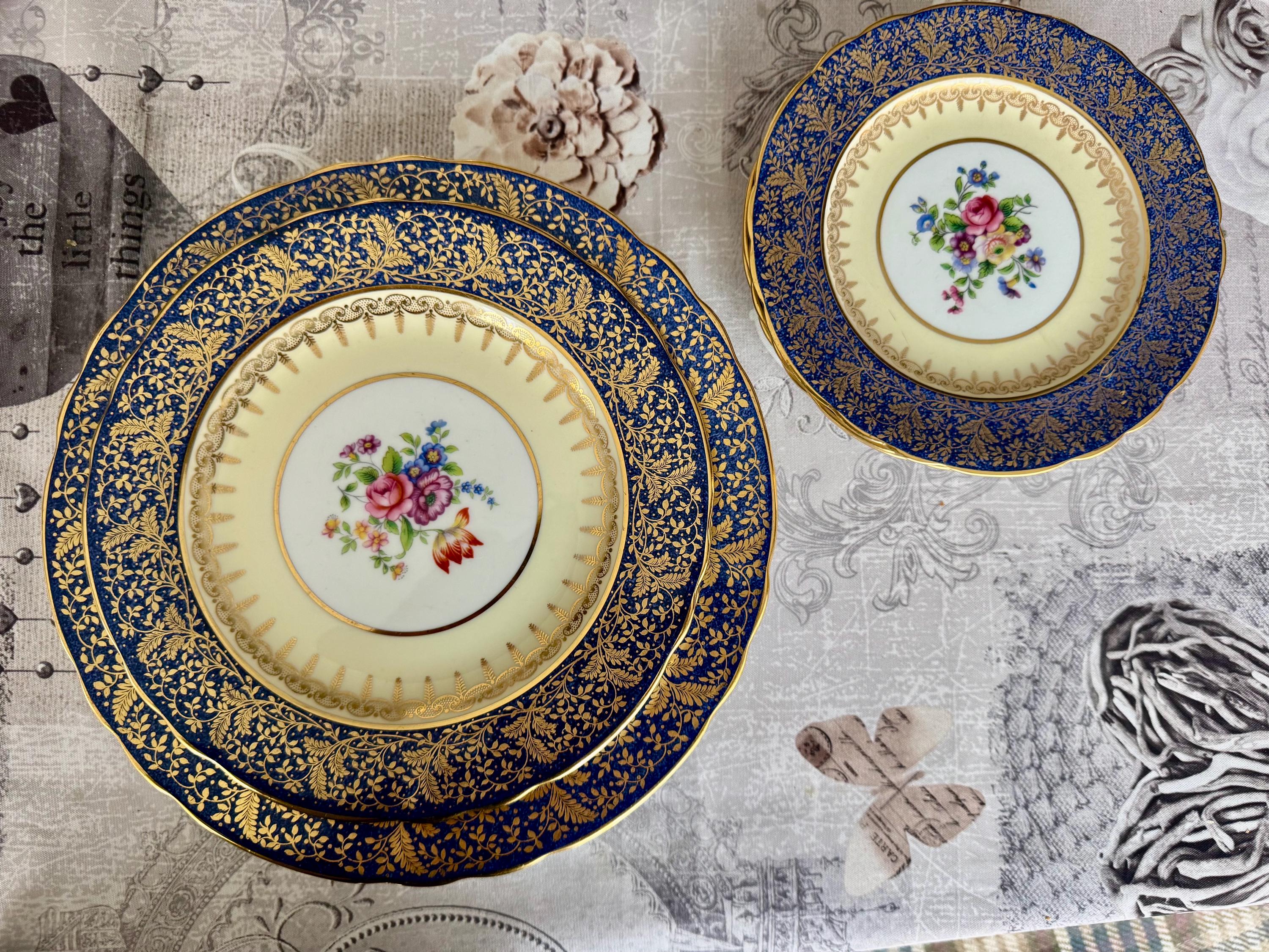 Vintage Aynsley Cobalt Blue Gold Encrusted Fine Bone China Dinner Set for Two