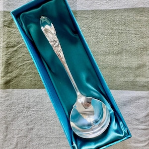Op de afbeelding: Een zilveren pollepel met bloemendetails, gepresenteerd in een met turquoise satijn gevoerde doos. De kom van de pollepel is rond en reflecterend, en de steel heeft een sierlijk ontwerp. De doos is lichtblauw en de achtergrond is een ruitpatroon.