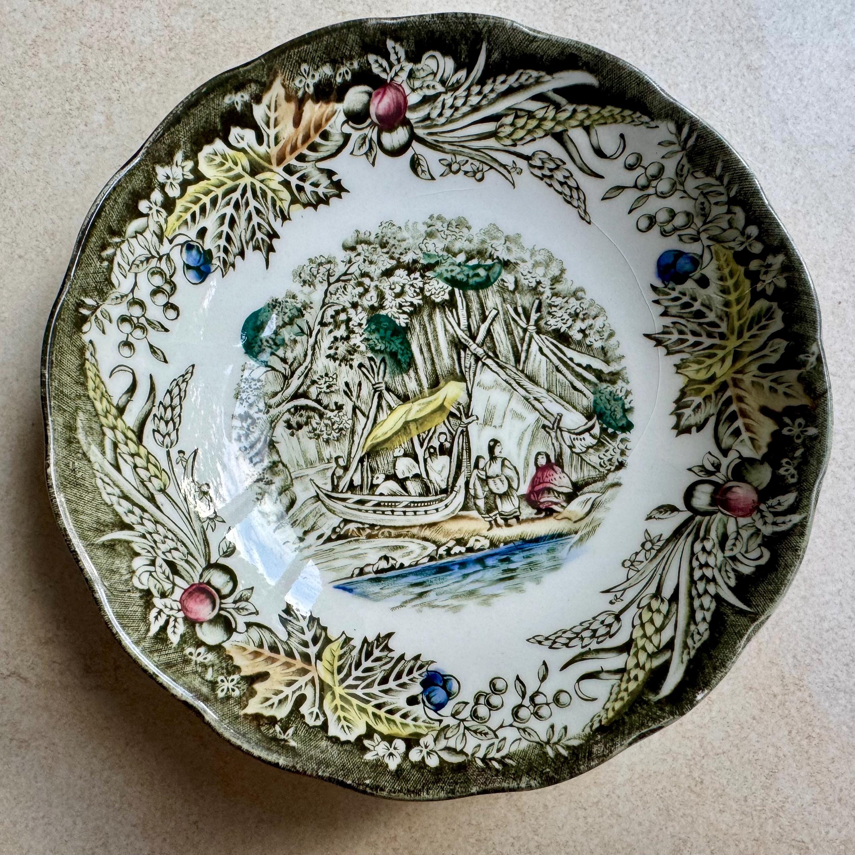Vintage Red Green Transferware Plate Set: Eclectic Cottagecore Wall Gallery