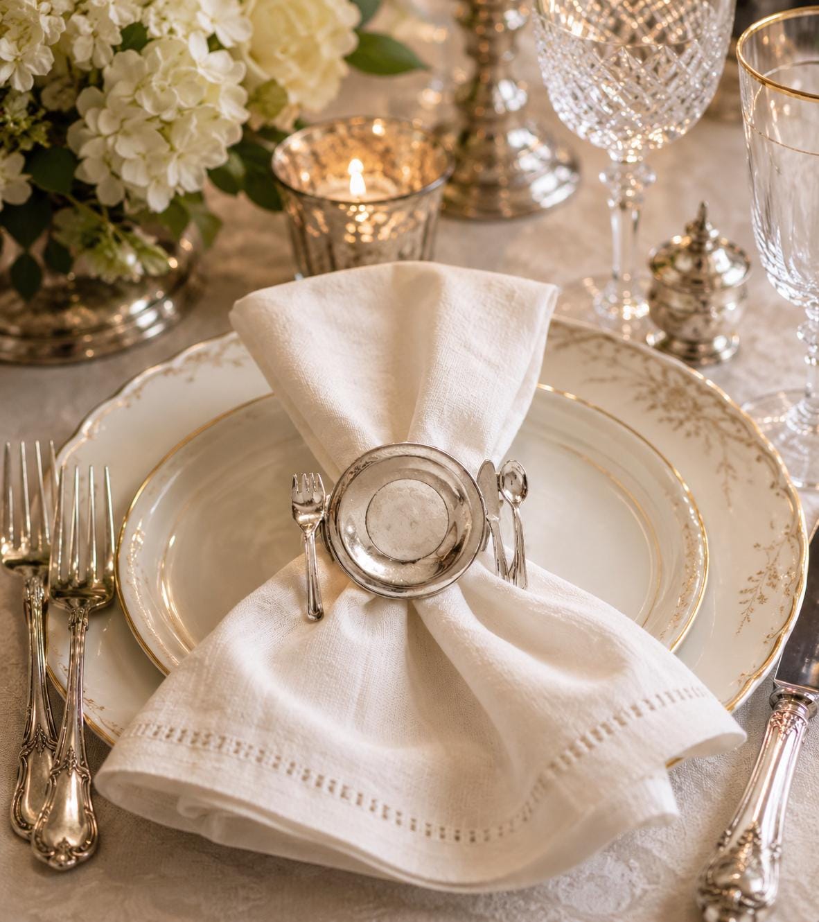 Vintage Silverplate Napkin Rings with Miniature Cutlery Accents – Set of 8 Elegant Table Setting Holders