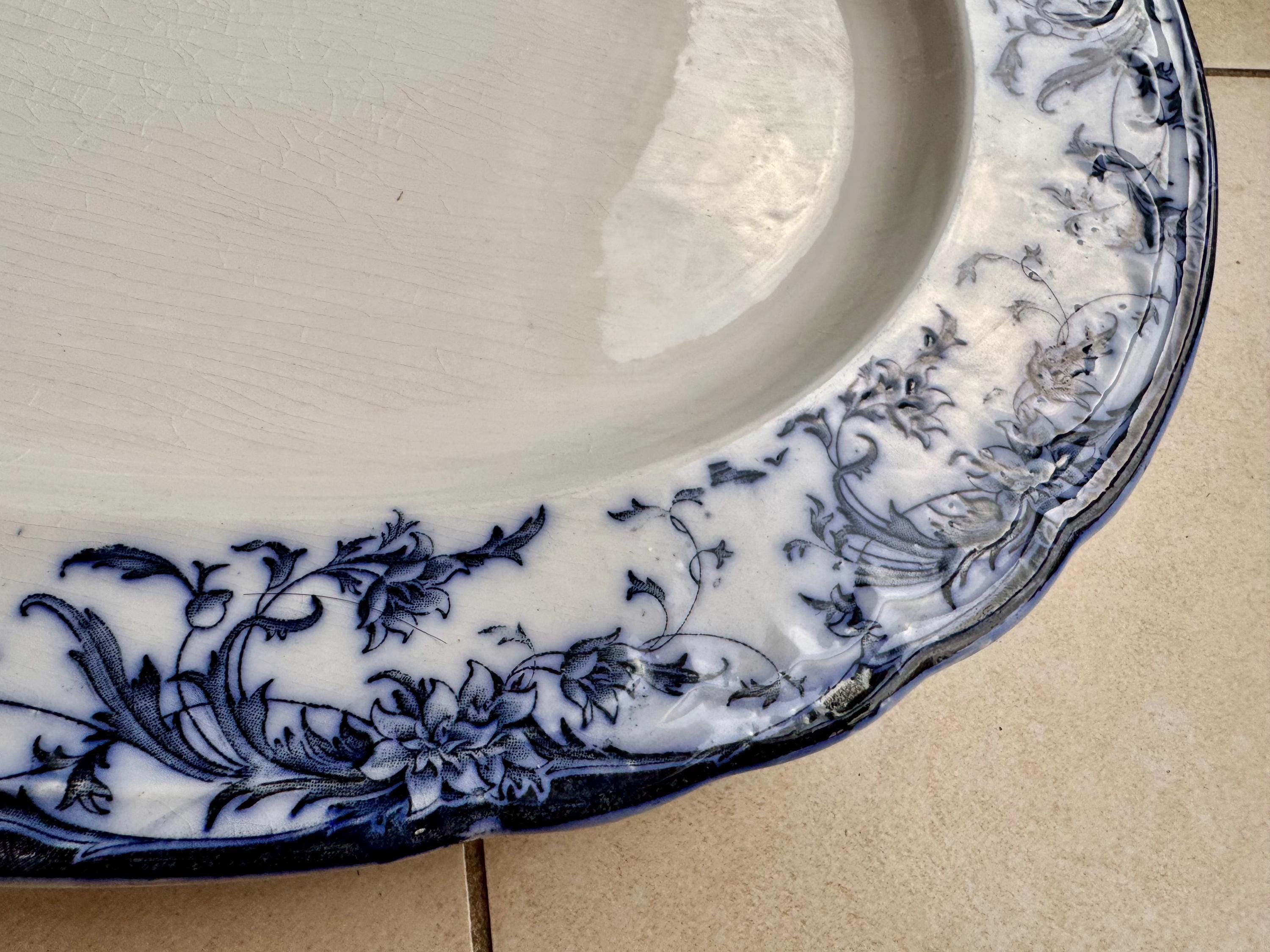 Antique 1880s Bridgwood Son Blue & White Transferware Oval Platter – 18 1/2” x 14 1/2”