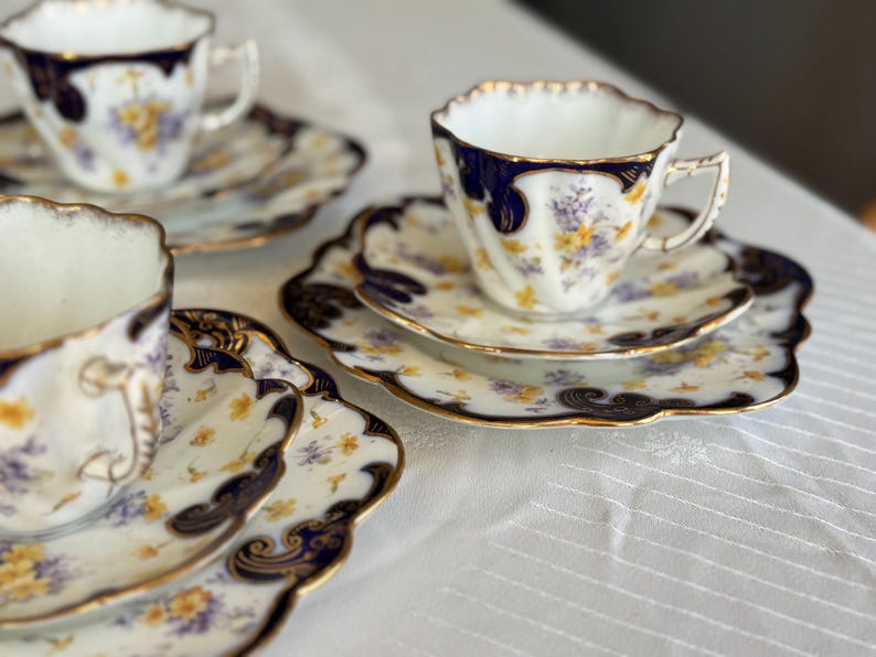 Antique Royal Style Tea Trio – Cobalt Gold & Violets Bone China Set image 9