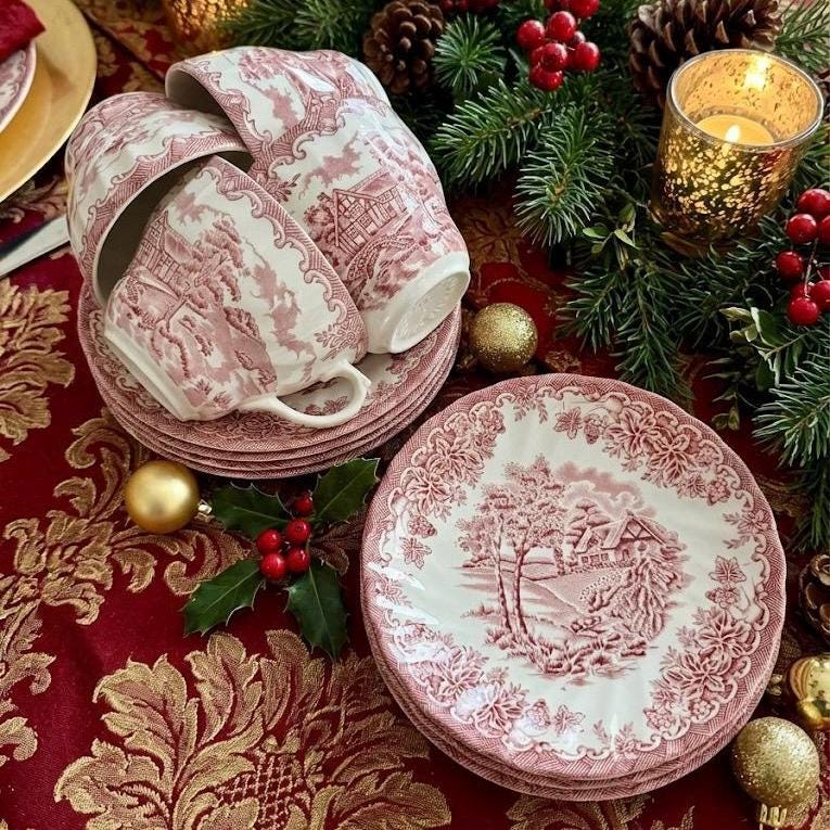 Vintage Churchill England Dinnerware - The Brook in Pink - Dishes Custom Sets - Christmas Table