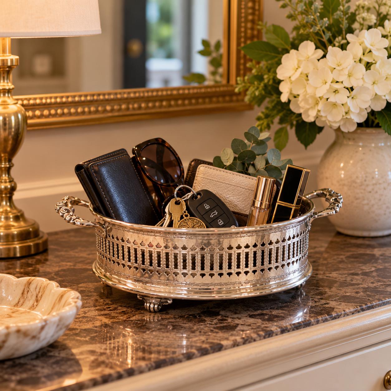 Vintage Silverplate Casserole Holder | Vanity Organizer | Footed Silver Serving Stand | Bathroom Storage